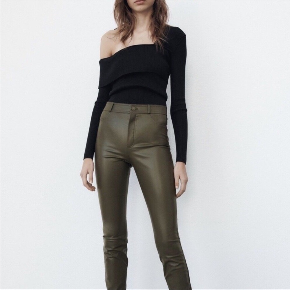 ZARA Faux Leather Dark Khaki Leggings